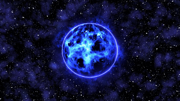 A glowing blue energy sphere surrounded by stars
