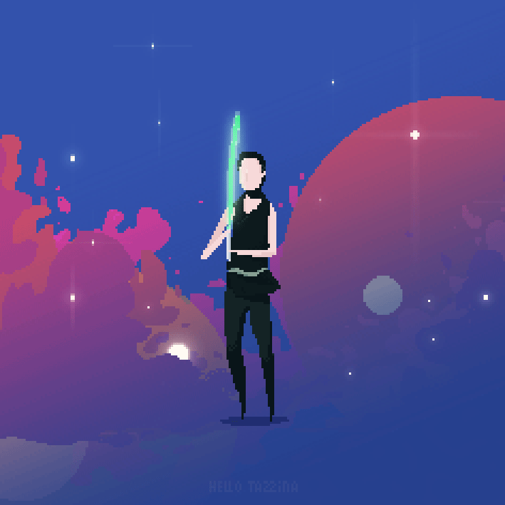 An animation of a Jedi with her blue lightsaber